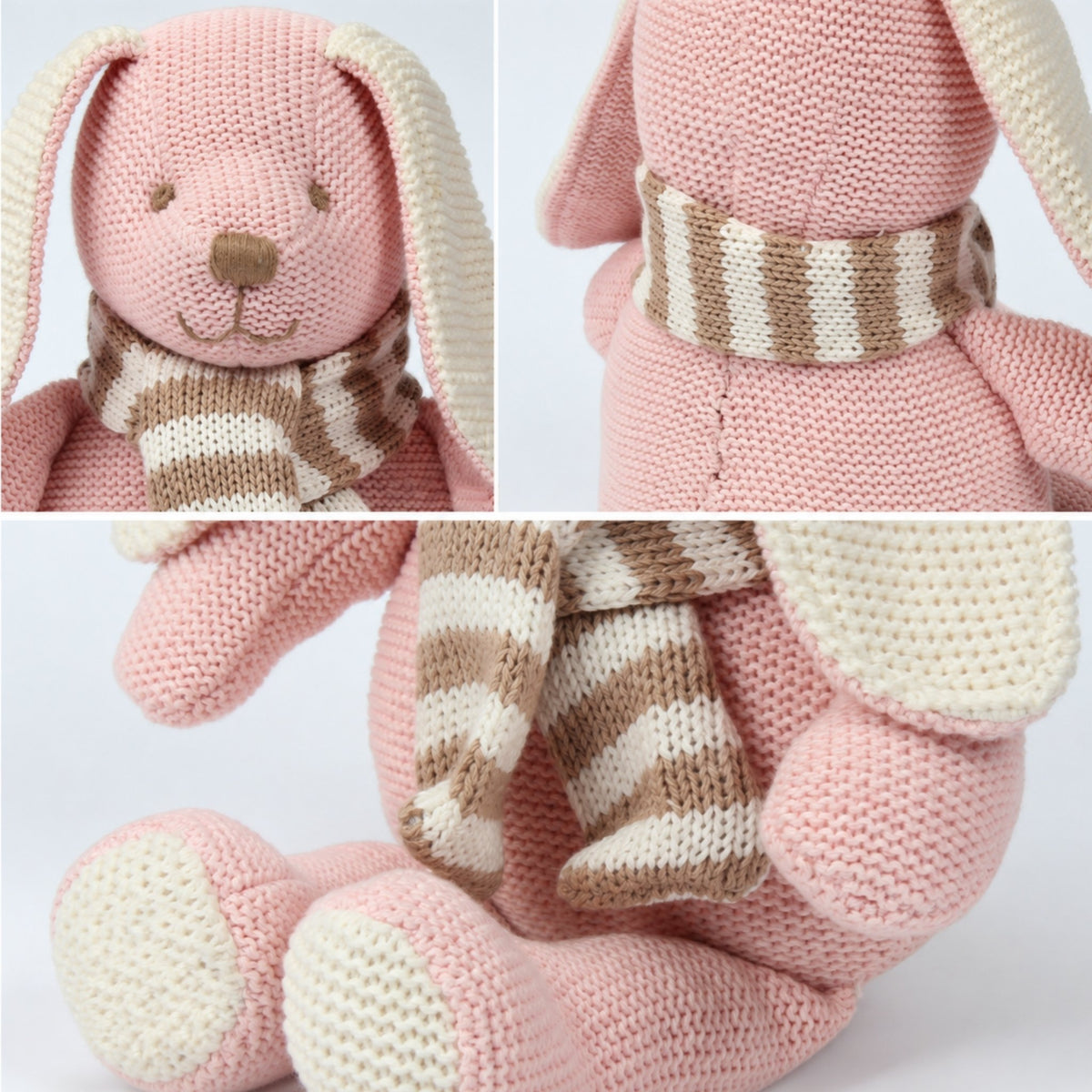 Détails du tricot coton, du visage brodé et de l'écharpe de la peluche lapin