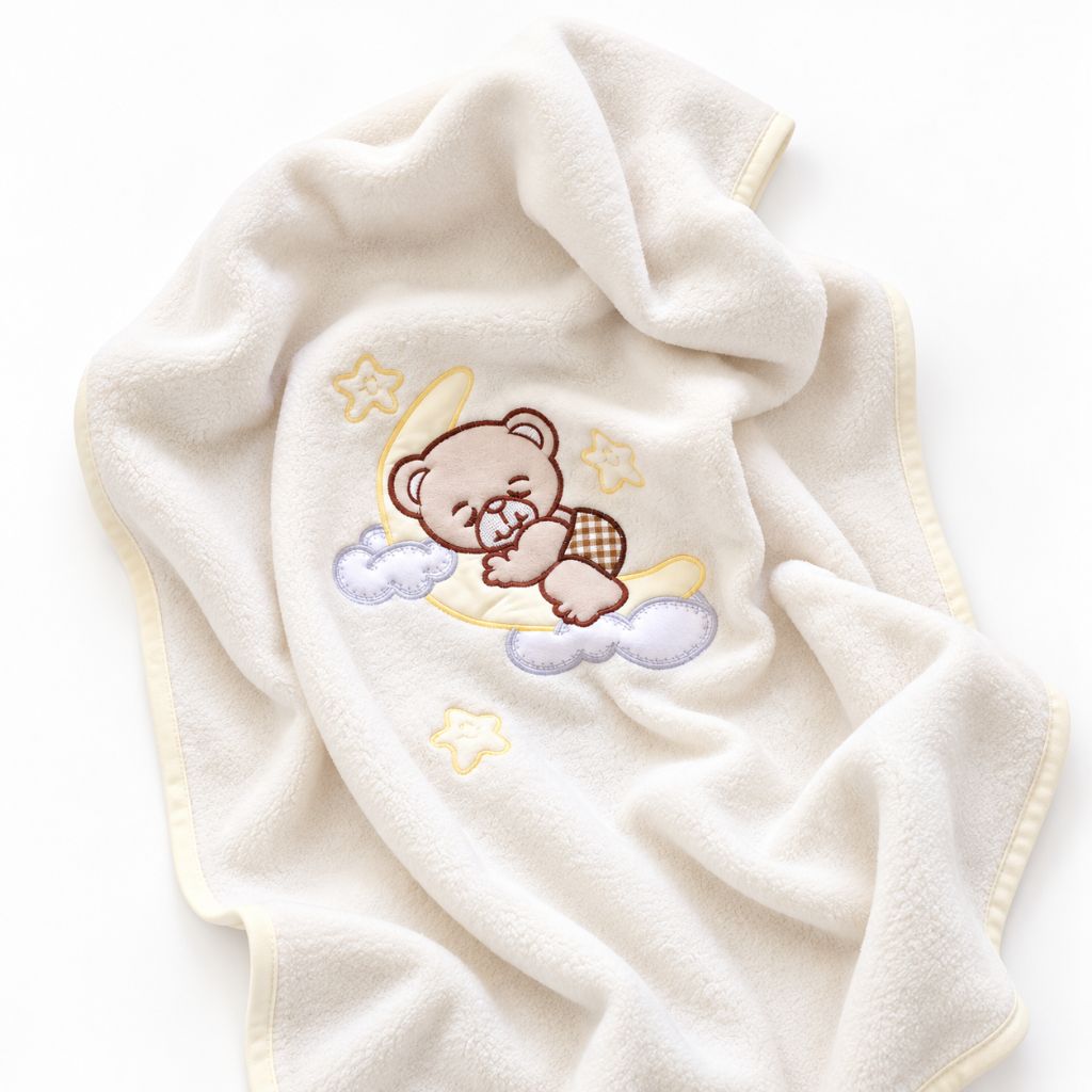 Petite couverture bébé écrue drapée, motif ourson et lune brodé