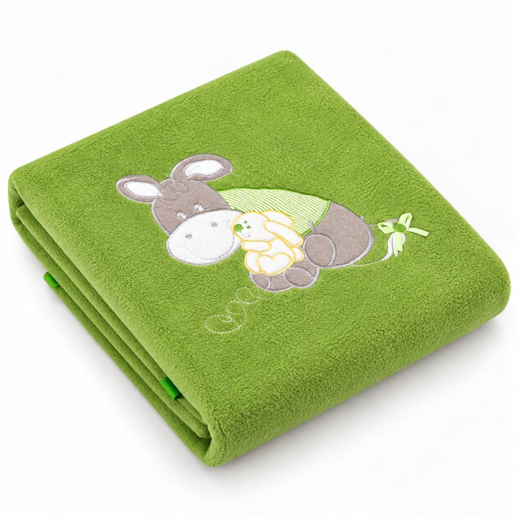 Petite couverture bébé en polaire verte, petit âne brodé