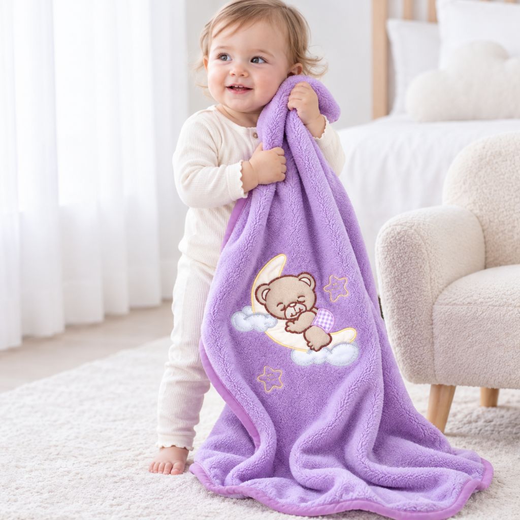 Bébé debout dans sa chambre tenant la petite couverture bébé violette