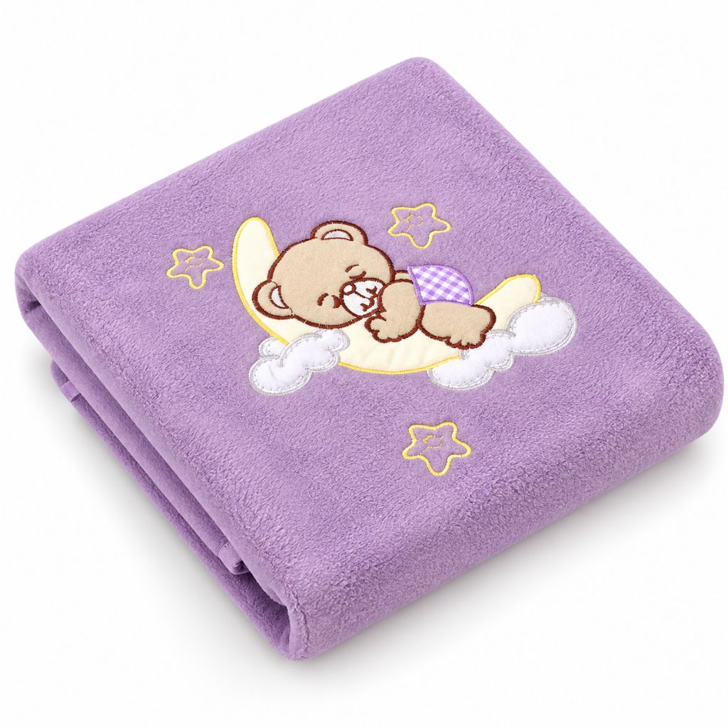 Petite couverture bébé en polaire violette, ourson brodé endormi sur la lune