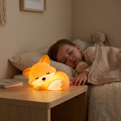 Enfant endormi avec une petite veilleuse bébé allumée sur la table de chevet