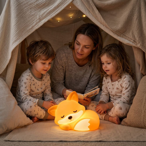 Une maman lit une histoire à deux enfants près de la petite veilleuse bébé
