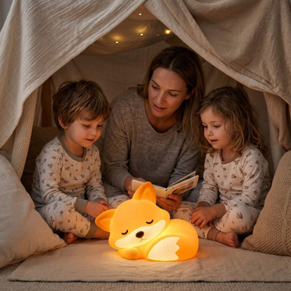 Une maman lit une histoire à deux enfants près de la petite veilleuse bébé