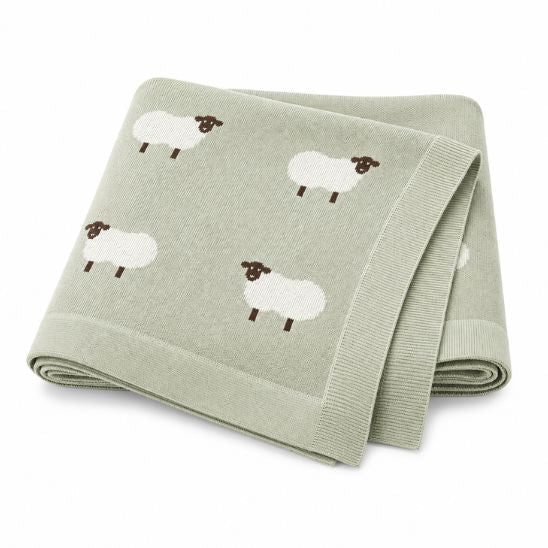 Plaid bébé en coton vert sauge avec moutons brodés, plié