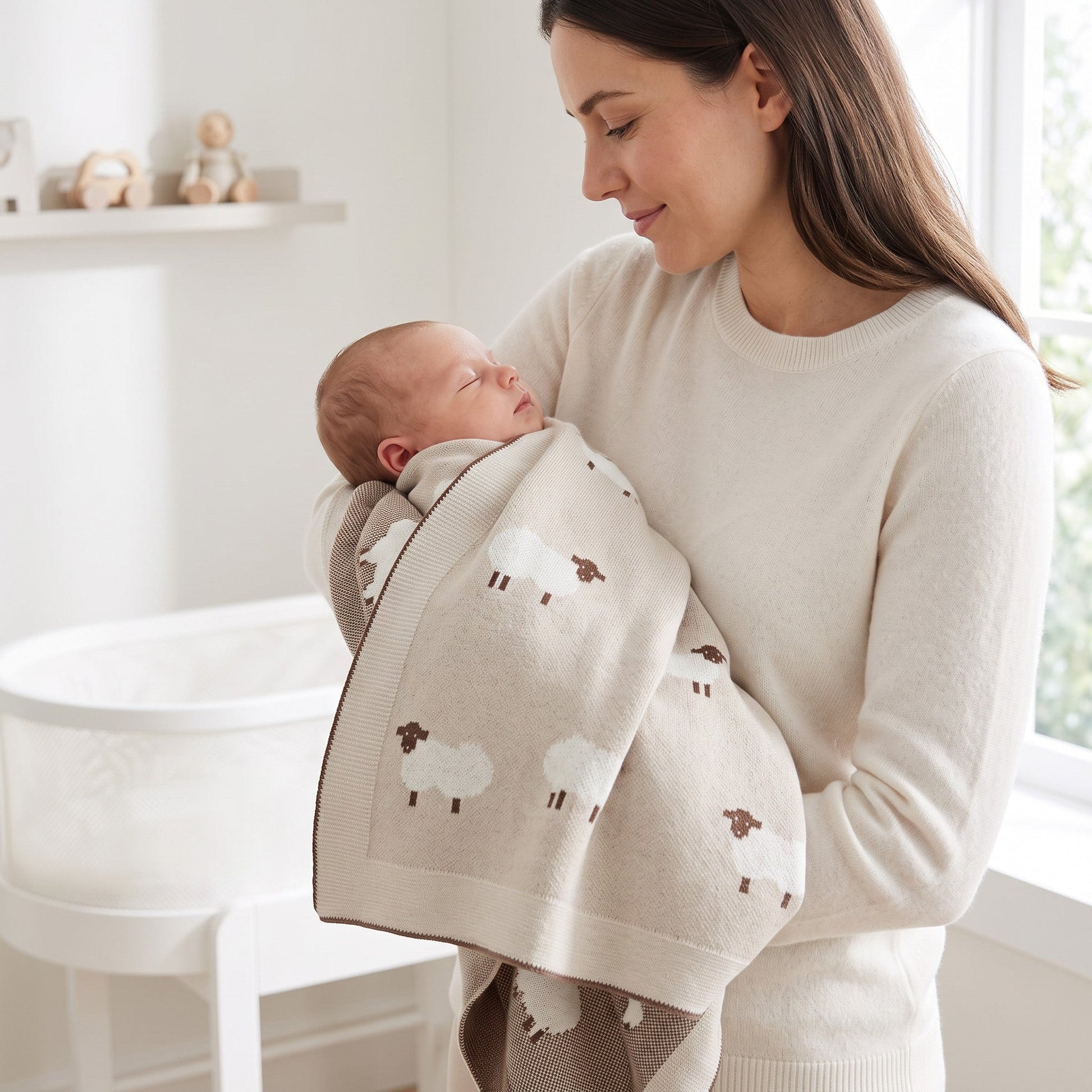 Maman tenant un nouveau-né emmailloté dans un plaid bébé en coton beige avec moutons brodés