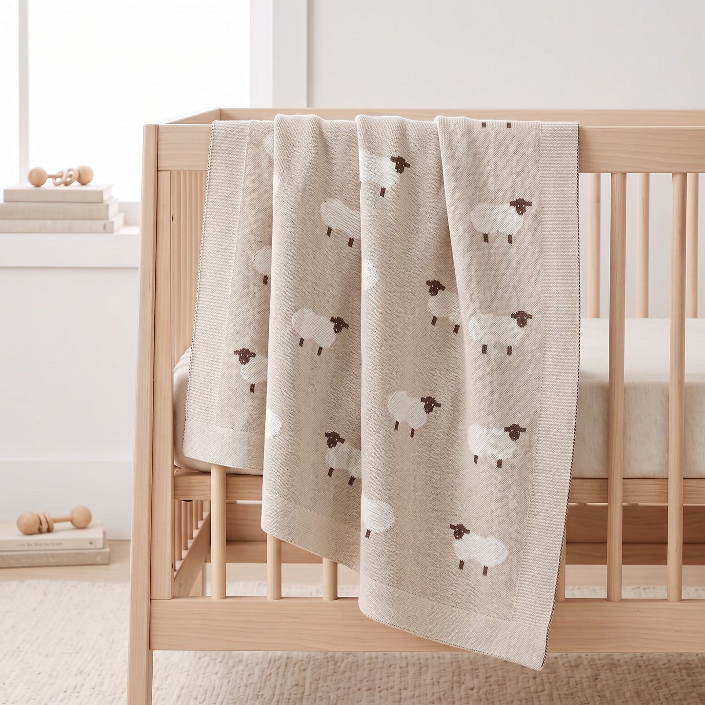 Couverture bébé en coton beige avec moutons brodés, suspendue sur un lit à barreaux