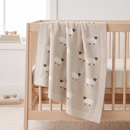 Couverture bébé en coton beige avec moutons brodés, suspendue sur un lit à barreaux