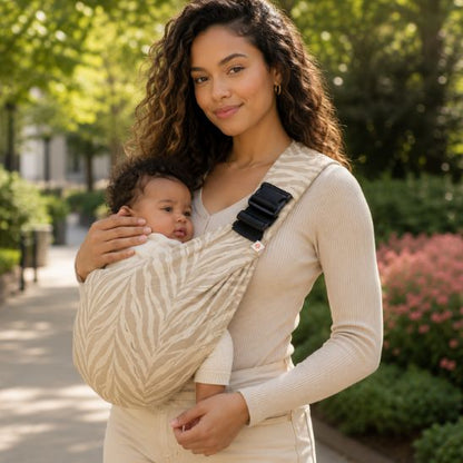 Portage bébé dès la naissance, portrait imprimé zèbre beige