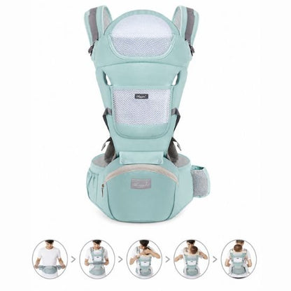 Porte bébé physiologique 6 en 1 vert menthe avec guide d'installation en 5 étapes