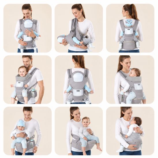 Porte bébé 6 en 1 gris – 9 positions de portage multiposition illustrées, de la naissance jusqu'à 20 kg