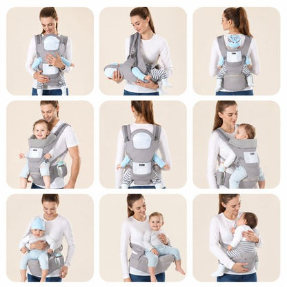 Porte bébé 6 en 1 gris – 9 positions de portage multiposition illustrées, de la naissance jusqu'à 20 kg