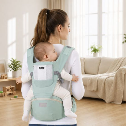 Porte bébé vert menthe – portage dorsal avec siège de hanche, bébé dans le dos, intérieur scandinave
