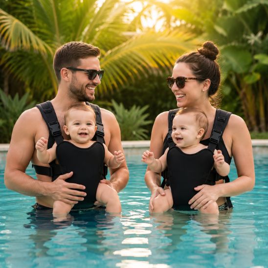 Porte bébé aquatique noir porté par un papa et une maman dans une piscine