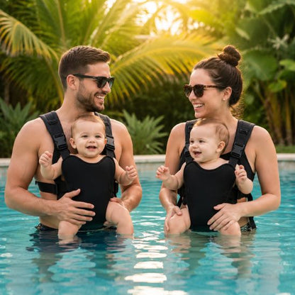 Porte bébé aquatique noir porté par un papa et une maman dans une piscine