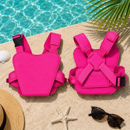 Porte bébé aquatique rose vue face et dos sur fond de plage