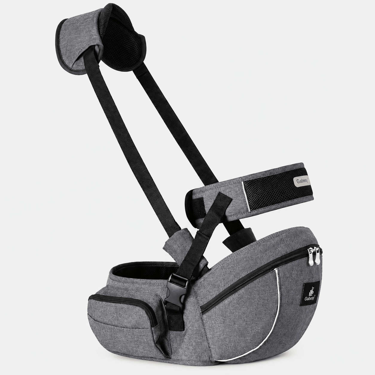 Porte-bébé siège de hanche Gabesy gris clair – vue angle avec sangles et poches