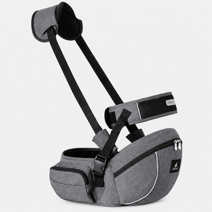 Porte-bébé siège de hanche Gabesy gris clair – vue angle avec sangles et poches