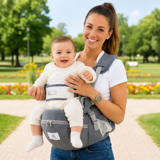 Porte-bébé avec siège de hanche gris – maman et bébé souriant au parc