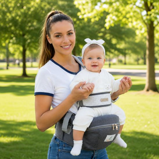 Porte-bébé siège de hanche – bébé fille bandeau blanc portée au parc au printemps