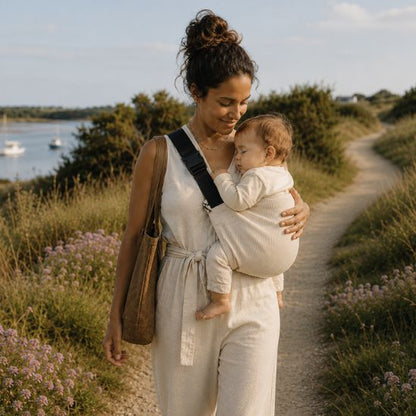 Porte-bébé écharpe coloris beige – maman et bébé en promenade nature