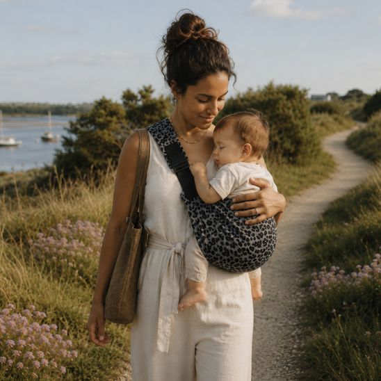 Porte-bébé écharpe léopard – portage face à face pendant une promenade