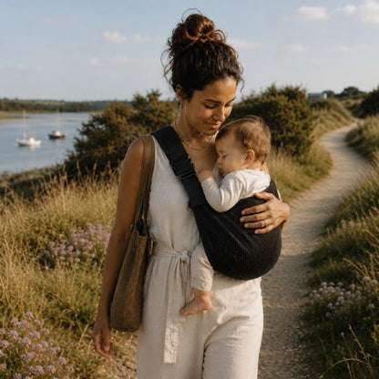 Porte-bébé écharpe coloris noir uni – maman et bébé en balade côtière
