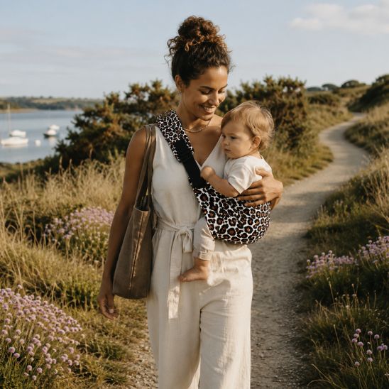 Porte-bébé écharpe léopard – maman souriante sur chemin côtier avec bébé