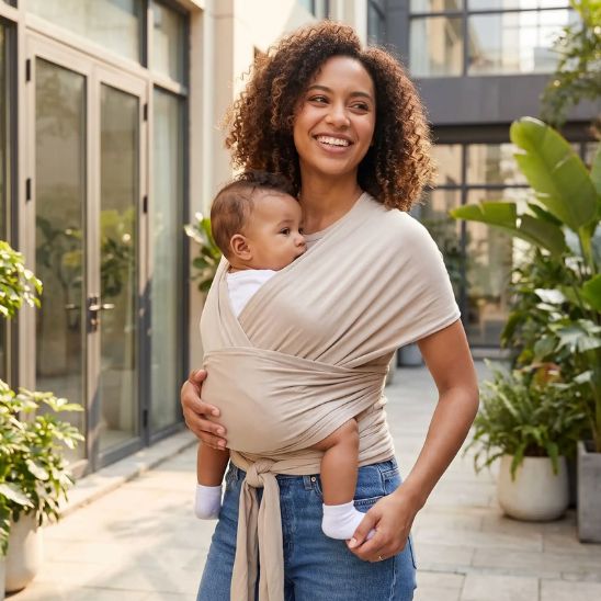 Porte bébé écharpe beige – portage avant en extérieur