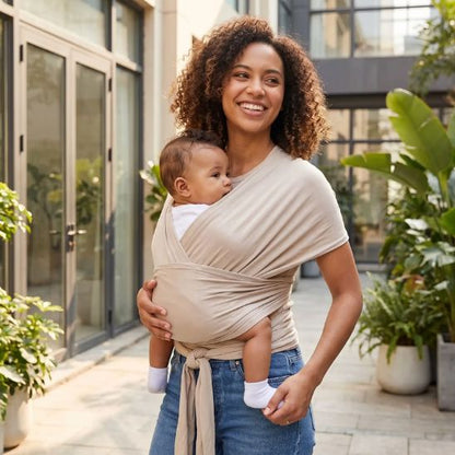 Porte bébé écharpe beige – portage avant en extérieur