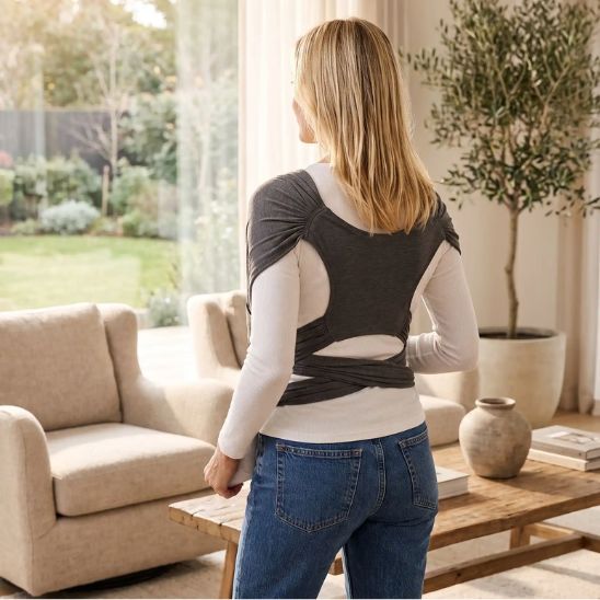 Porte bébé écharpe anthracite – vue de dos, sangles croisées