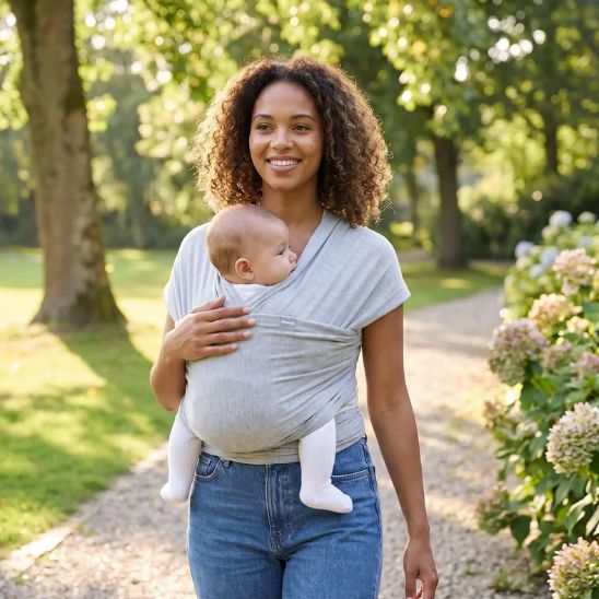 Porte bébé écharpe gris clair – promenade au parc