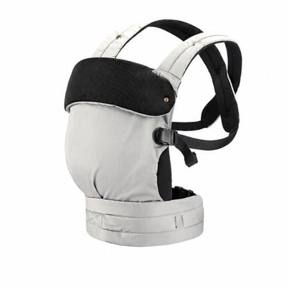 Porte bébé ergonomique coton gris et noir – vue produit trois quarts sur fond blanc, bretelles et ceinture lombaire