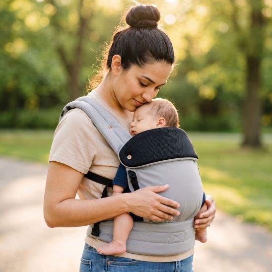 Porte bébé ergonomique coton gris – maman portant un bébé souriant face au monde, bretelles matelassées réglables