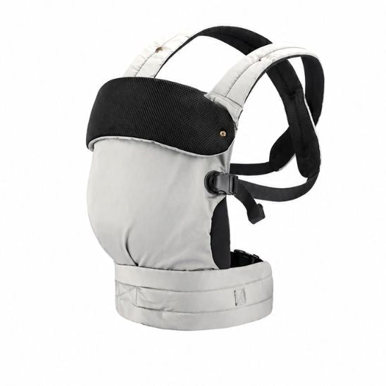 Porte bébé ergonomique coton gris et noir – vue produit trois quarts sur fond blanc, bretelles et ceinture lombaire
