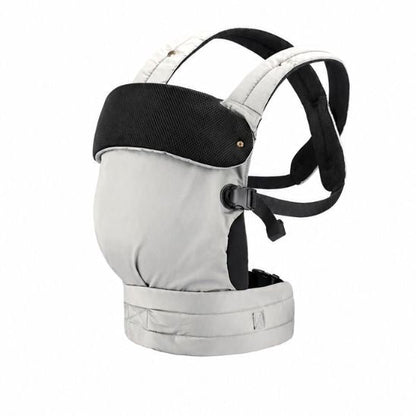 Porte bébé ergonomique coton gris et noir – vue produit trois quarts sur fond blanc, bretelles et ceinture lombaire