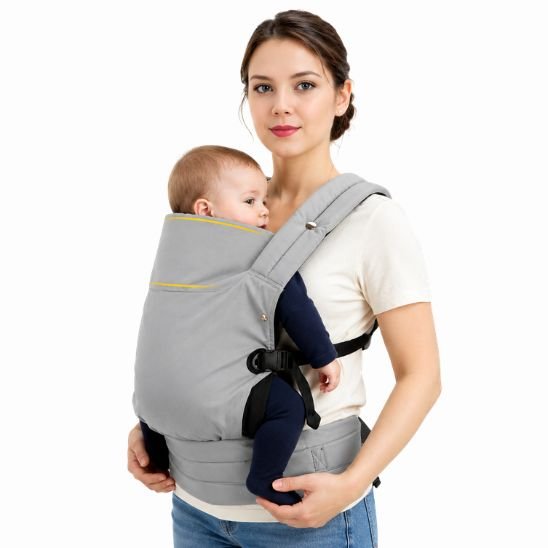 Porte bébé ergonomique coton gris – maman portant un nouveau-né en portage ventral rapproché, accents jaunes