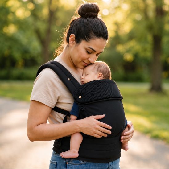 Porte bébé ergonomique coton noir – maman souriante au marché en plein air, bébé porté de dos, lumière dorée