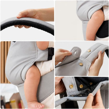 Porte bébé ergonomique coton gris – maman embrassant tendrement son nouveau-né endormi en plein air, lumière dorée