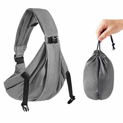 Porte-bébé sling mesh gris compact – pochette de rangement intégrée taille smartphone