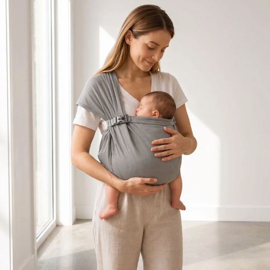 Porte-bébé sling mesh gris – courbe C du dos respectée pour nouveau-né