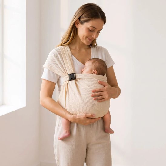 Porte-bébé sling mesh beige – nouveau-né en position banane dès 14 jours