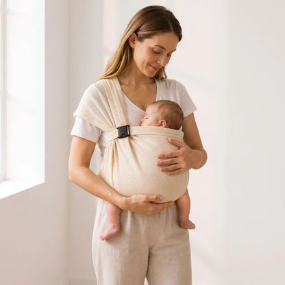 Porte-bébé sling mesh beige – nouveau-né en position banane dès 14 jours