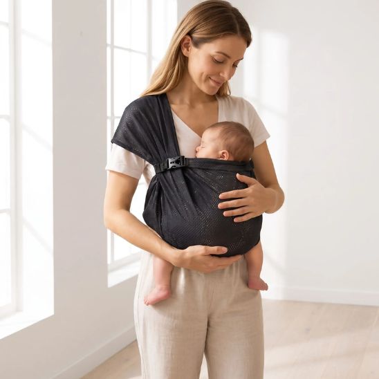 Porte-bébé sling mesh noir – sangle large 40 cm pour nouveau-né