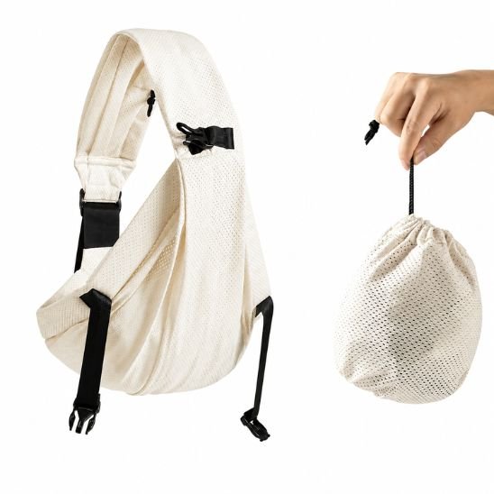 Porte-bébé sling mesh beige 185g – rangement dans pochette compacte intégrée