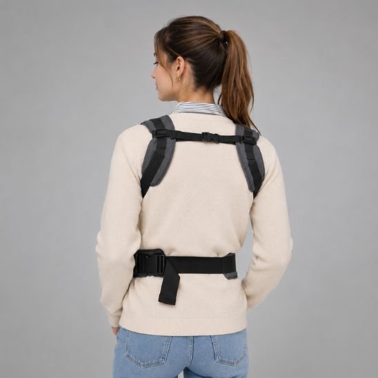 Porte bébé physiologique gris anthracite – vue de dos sans bébé, bretelles matelassées et ceinture lombaire réglables