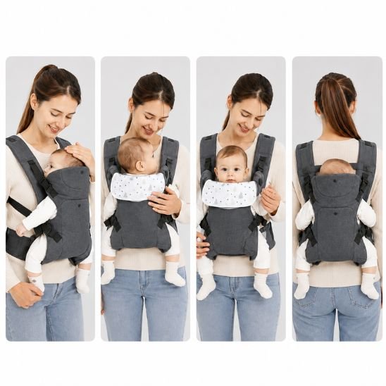 Porte bébé physiologique gris anthracite – 4 positions de portage illustrées de face, face au monde et dorsal