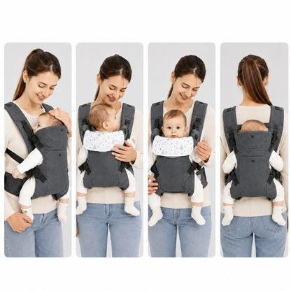 Porte bébé physiologique gris anthracite – 4 positions de portage illustrées de face, face au monde et dorsal
