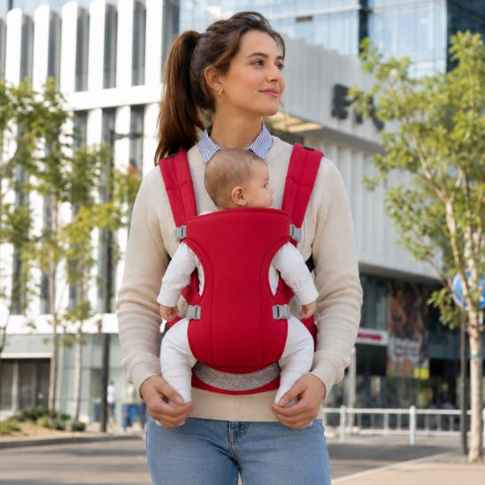 Porte bébé physiologique rouge – maman en balade en ville, bébé porté face au parent, ceinture lombaire