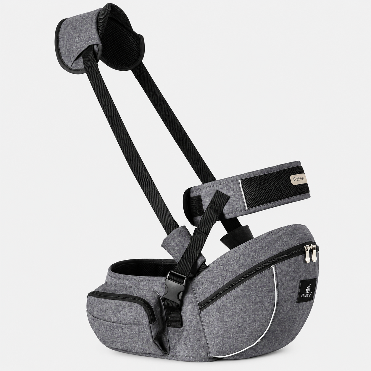 Porte-bébé siège de hanche Gabesy gris clair – vue angle avec sangles et poches
